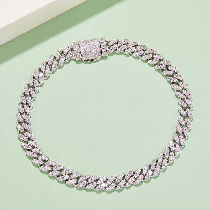 8mm宽Cuban ChainS925银镶Moissanite厘石圆形白色DVVS